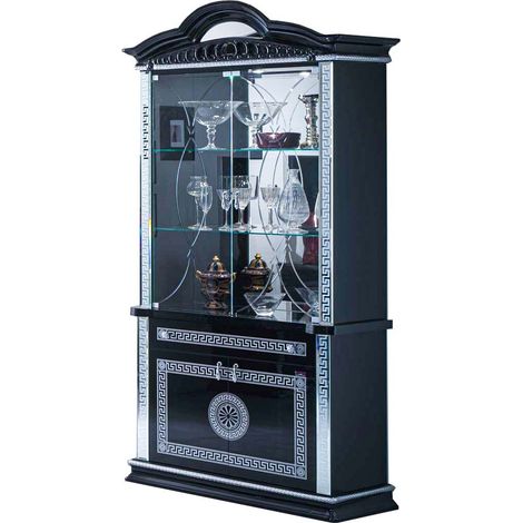 Vitrine 4 portes 1 tiroir bois vernis laqué brillant noir et gris Venus 105cm (1/2)