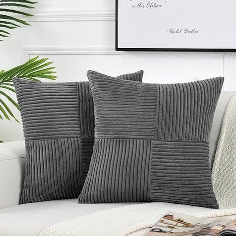 2 fundas decorativas para cojines de salón，estilo rústico bohemio，funda cuadrada de pana suave con textura de patchwork (40x40cm)，gris oscuro (1/5)