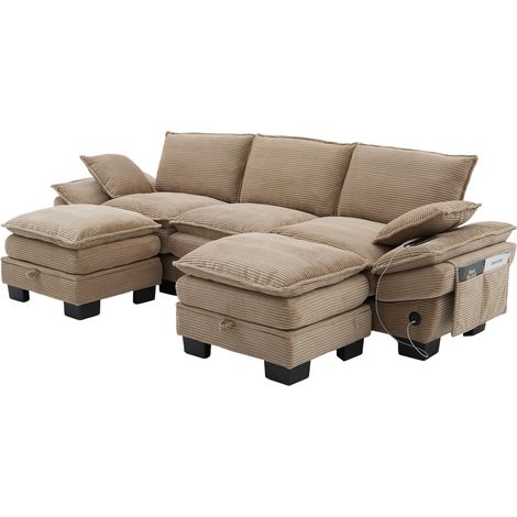 Canapé modulable 3 places en velours côtelé kaki avec 2 poufs – large surface d'assise, mousse haute densité, port USB-C intégré (1/5)