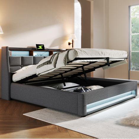 Cama con espacio de almacenamiento tapizada en lino gris 140x200 cm con LED, USB y somier de láminas (1/5)
