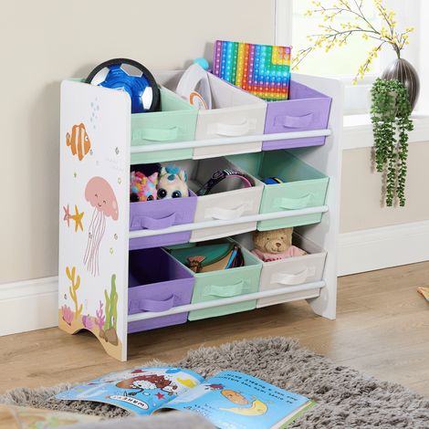 Kids Storage Toy Shelves Organiser 3 Tier Wooden Unit With Nine Storage Boxes (1/5)