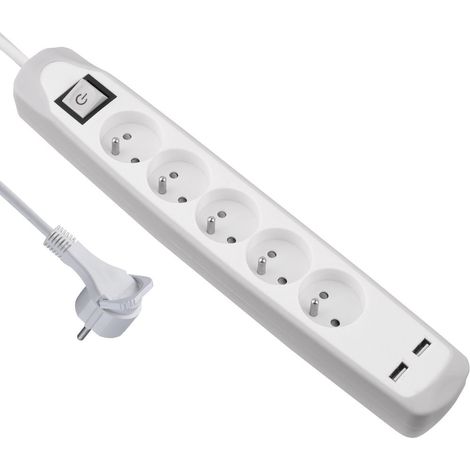 Bloc Multiprise 5 prises et 2 USB - couverture en silicone protection contre chocs - câble 2 mt - fiche plat (1/5)