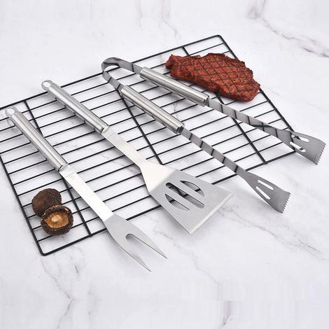 Hochwertiges Grillzubehör aus Edelstahl – 3-teiliges Grillbesteck-Set bestehend aus Pfannenwender, Gabel und Grillzange