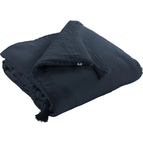 Édredon 90 x 200 cm gaze de coton bleu nuit avec 4 pompons - PEPA (1/4)