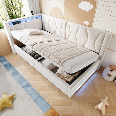 Letto imbottito 90/200 cm beige con vano contenitore, LED, USB e Type-C in velluto (1/5)