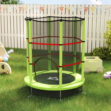 Trampoline pour enfants de 3 à 6 ans avec filet de sécurité, 6 poteaux et 3 entrées, Ø 140 x 190 cm, vert et noir (1/5)