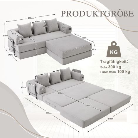 Canapé gris clair modulable avec pouf, structure métallique solide, rangement latéral et 3 coussins moelleux – garnissage extra épais pour plus de confort, libre combinaison et usage polyvalent. (1/4)