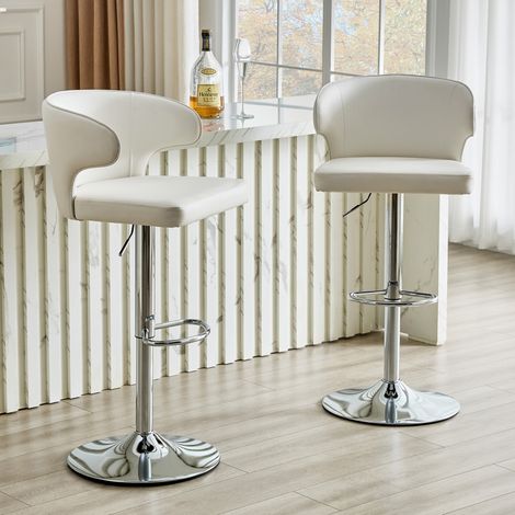 Juego de 2 taburetes de bar regulables y giratorios 360° con respaldo, base 45 cm, PU blanco, OKWISH (1/5)