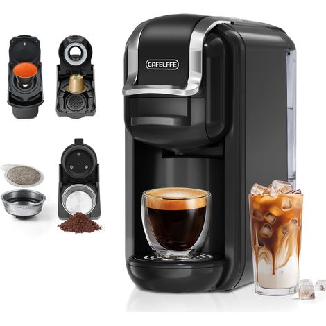Machine à café à dosettes 4 en 1 MK-603 avec infusion chaude ou froide, 19 bars et sélection de grandes/petites tasses, pour dosettes NS, DG, ESE et café moulu, 0,6 L, noir, cadeaux. (1/5)