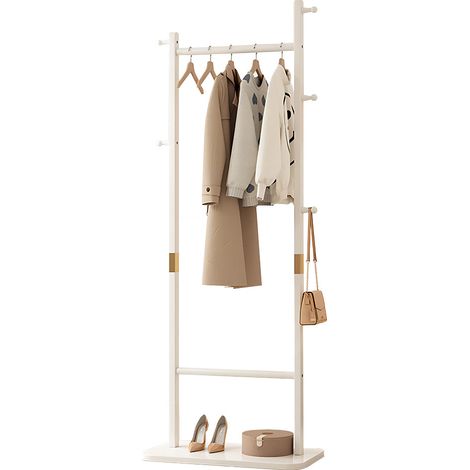 Garderobenständer Holz Massiv mit 5 Haken, Vertikaler Ständer mit verdickte rechtecke Basis für Kleider, Garderobe & Hüte Jacken- & Taschenständer für Flur, Wohnzimmer, Schlafzimmer- Weiß (1/5)