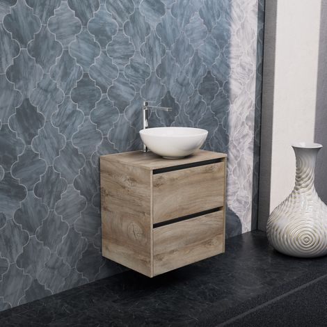 Inda - Badezimmerschrank 2 Schubladen B.60 mit Aufsatzwaschbecken / Natureiche - Smeraldo (1/5)