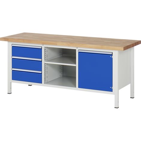 Werkbank Classic B2000xT700xH840mm Buche massiv lichtgrau/blau 3 Schubl.1 Tür (1/5)