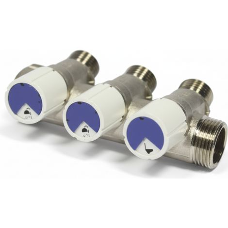 Collettore a 3 vie con rubinetti di chiusura in ottone nichelato 1 x1/2  interasse 127 mm bampi mpcom301