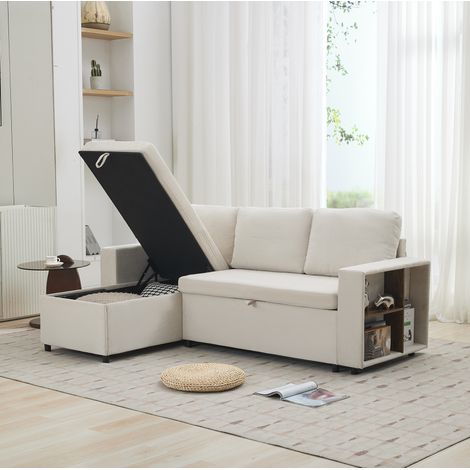 Canapé d’angle 202x136x85 cm beige en chenille avec rangement et chaise longue réversible (1/5)