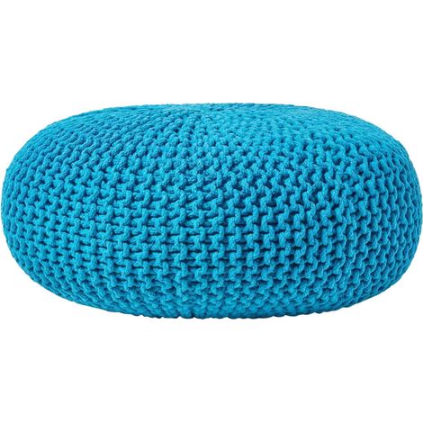 HOMESCAPES Teal Blue Large Round Cotton Knitted Pouffe Footstool (1/5)