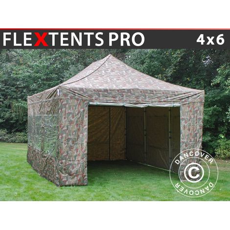 Faltzelt FleXtents PRO 4x6m Camouflage, mit 8 Seitenwänden