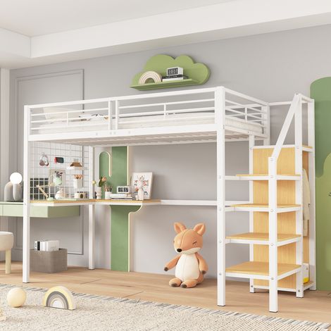 Letto a castello Letto a soppalco 90 x 200 cm in ferro con tavolo e armadio, scaletta laterale con corrimano, bianco e naturale (1/5)