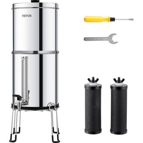 VEVOR Systeme de filtration deeau par gravite,comptoir acier inoxydable 304 2,25 G,reduit plomb 99 % chlore,2 filtres a charbon,robinet de niveau deeau,support