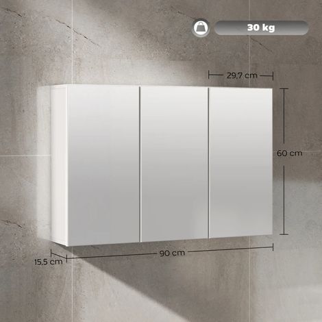 Armoire miroir de salle de bain,placard de salle de bain avec 3 portes miroirs,fixation murale,90 x 15,5 x 60 cm,panneau en aglomerés,blanc