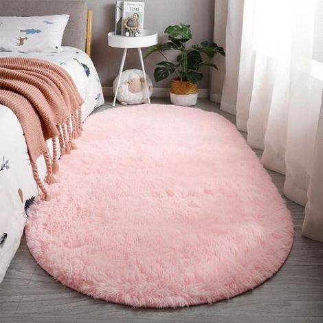 Tapis Chambre Ovale Rose Peluche - Tapis Salon Shaggy 80 x 160cm - Synthétique Doux Moelleux (1/4)