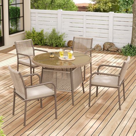 Ensemble table et chaises de jardin en rotin pour 4 personnes - Table ronde en verre + 4 fauteuils - Structure en fer - Marron