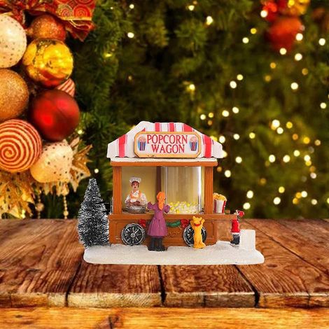 Maison lumineuse LED de Noël en résine, chariot à popcorn, décoration de village, wagon-restaurant animé musical, décoration de fête de Noël (1/4)