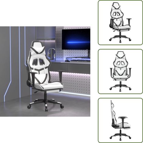 The Living Store Chaise de jeu avec repose-pied Blanc et noir Similicuir - Chaises Gaming - Chaise Gamer - Fauteuil Gaming - Bureau Ergonomique - Chaise Ajustable
