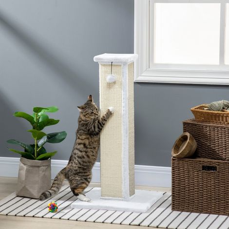 81cm Cat Scratcher, Vertical Full Scratcher w/ Natural Sisal Rope, Hanging Ball, Soft Plush - White (1/4)