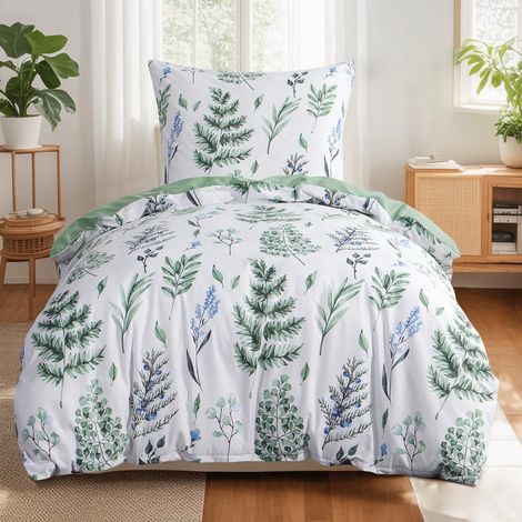 Parure de lit 2 pièces 135 x 200 cm avec housse de couette et taie d'oreiller 80 x 80 cm - Vert - En microfibre - Motif floral vert sauge - Doux et infroissable - Pour lit (1/5)