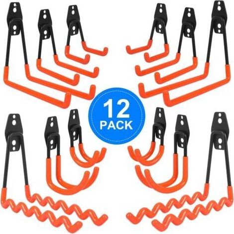 12-teiliges Garagenhaken-Set, Garagenhaken mit Antirutschbeschichtung, Wandhaken inklusive Wellenhaken, J-Haken und Vierkanthaken, für Elektrowerkzeuge, Fahrräder und Leitern (1/5)