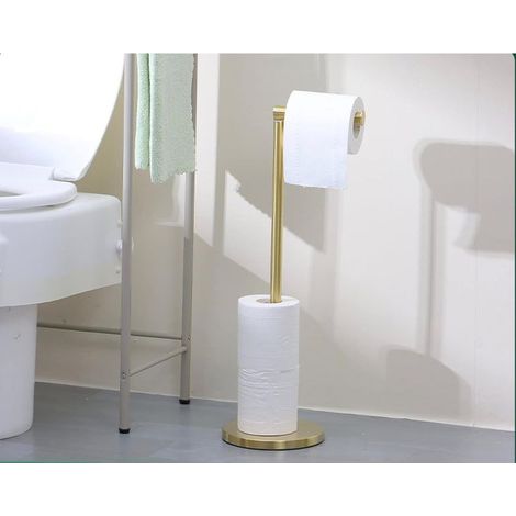 Porte-Rouleau de Papier Toilette sur Pied en Acier Inoxydable pour Salle de Bain 5 Rouleaux de Papier Hygiénique Distributeur avec Base Lourde WC Dérouleur,Anti-Rouille,15x56cm,Doré (1/3)