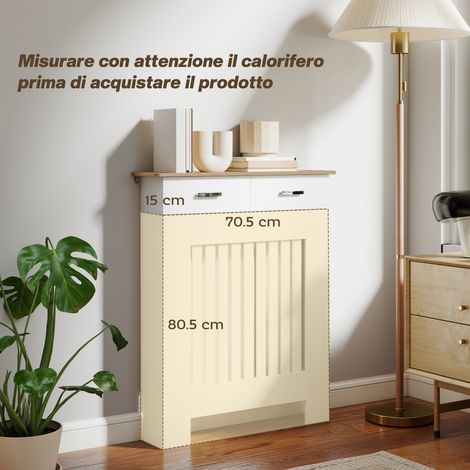 Cache-radiateur blanc en bois massif 78x19x97 cm, avec tiroir et système anti-basculement à lattes (1/5)