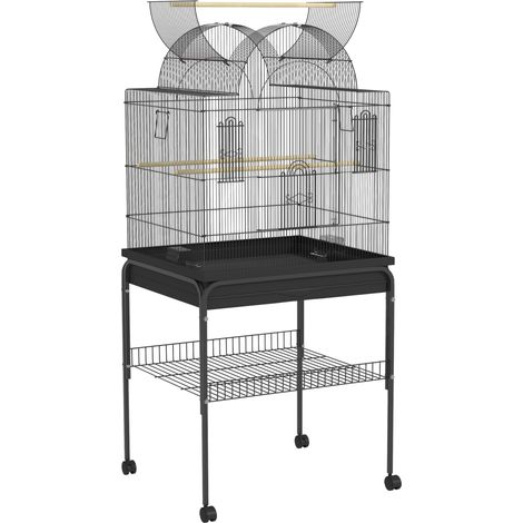 Grands cages à oiseaux sur roulettes avec plateau et rangement, cage pour perruches en acier noir 63 x 53 x 144 cm (1/5)