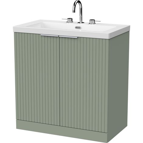 Callingwood Contemporary Floor Standing 2 Door Vanity Unit with 3 Tap Hole Fireclay Basin , 800mm, Reed Green