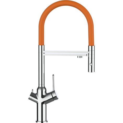 Rubinetto 3 vie miscelatore cucina cromato con canale separato per acqua filtrata, canna arancione movibile e doccia due getti staccabile - serie BOD (1/5)