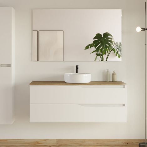 Meuble de salle de bain 120cm avec plateau miel et vasque à poser - 2 tiroirs - blanc - LUNA (1/5)
