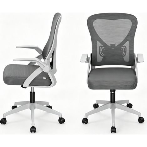 Silla de oficina ergonómica giratoria HOMVRA gris con respaldo de malla y reposabrazos abatibles (1/4)