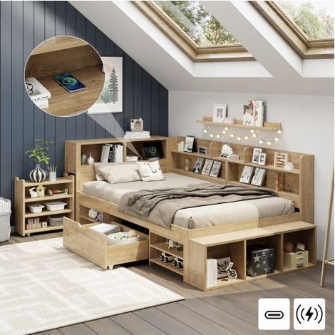 Lit coffre - SOGEU - 90x200 - Bois massif - Rangement intégré - Chargeur sans fil (1/5)