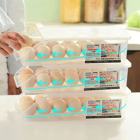 Boîte à œufs à roulettes, boîte de rangement pour aliments au réfrigérateur, plateau à œufs à remplissage automatique, rouleur à œufs, boîte de rangement à œufs coulissante, boîte à œufs blanche à rou (1/5)