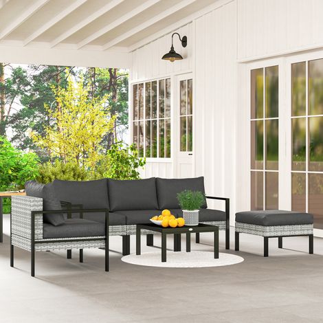 5-teiliges Gartenmöbelset für den Außenbereich, Balkon-Lounge-Set aus Rattan und Kunstharz mit Sesseln, Hocker und hellgrauem Couchtisch