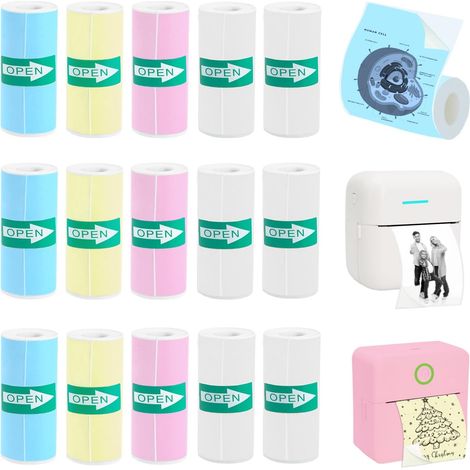 15 rouleaux de papier autocollant thermique pour mini-imprimante d'autocollants, comprenant 9 rouleaux de couleur et 6 rouleaux blancs. Papier autocollant thermique pour mini-imprimante, 57 x 25 mm.