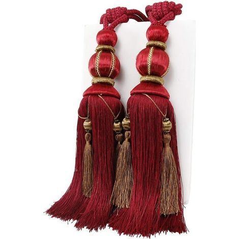Handmade red pom-pom rope tiebacks for thick curtains. (1/4)