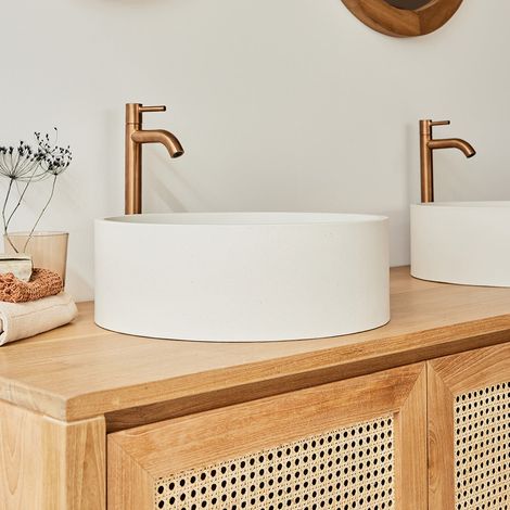 Berah Getah – Vasque à poser ronde en béton beige 37 cm – Hauteur 12,5 cm – Percée pour évacuation 4,5 cm – Design moderne pour salle de bain (1/5)