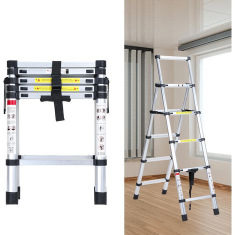 TolleTour Escalera telescópica Pro 1,7 m plateada 150 kg, patas antideslizantes