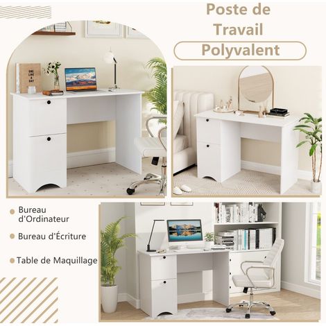 Bureau informatique blanc compact avec 2 tiroirs coulissants et panneaux épaissis, pour chambre, bureau et salon (1/5)