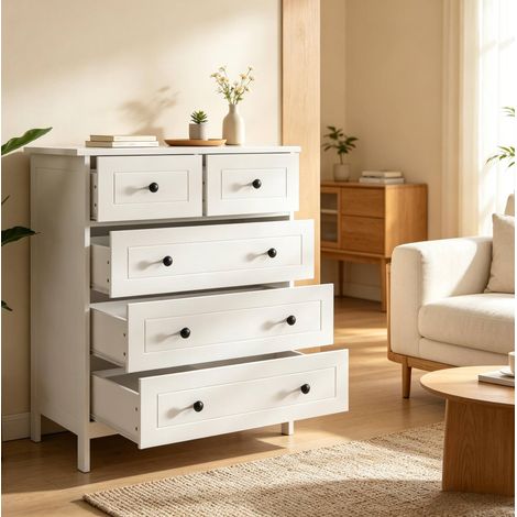 Cassettiera 74x40x91 cm, 5 cassetti, ripiano superiore, design elegante, MDF e truciolato bianco (1/5)