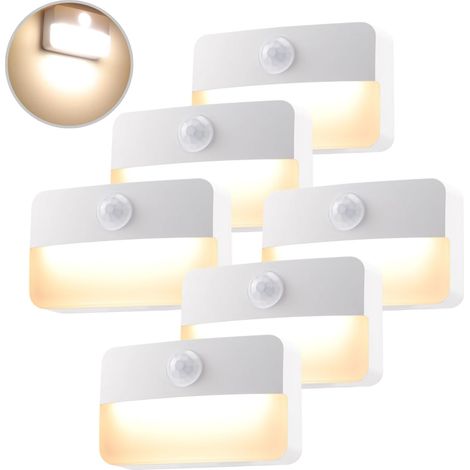 Veilleuse d'intérieur avec détecteur de mouvement, à piles, lot de 6, éclairage LED pour escalier, éclairage de placard, allumage/extinction automatique, lumière à capteur, 3000 K, blanc chaud, pour c (1/5)