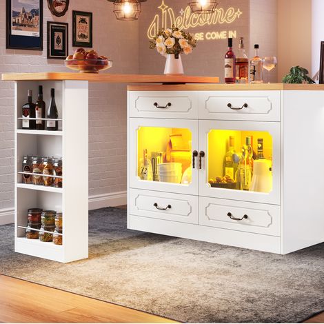 Table de bar extensible 135-203 x 39 x 92,8 cm avec rangement et LED blanc HAVRYA