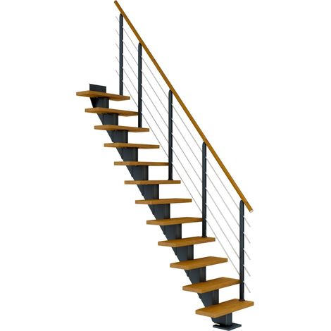 Dolle Mittelholmtreppe Frankfurt Gerade Eiche, geölt 65 cm breit für Geschosshöhen 222 – 258 cm UK Metall Anthrazit inkl. einseitigem Designgeländer