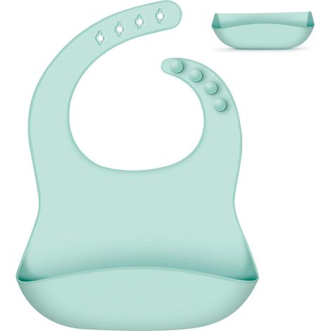 Bébé Bavoir Silicone Souple Bavette en Silicone Bavoir Plastique Fille Garon Ajustable Bavoir Silicone Enfant Grande Poche- Green, (1/4)